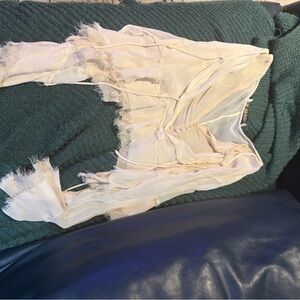 Zara Cream Long-Sleeve Sheer Lace-Trim Blouse